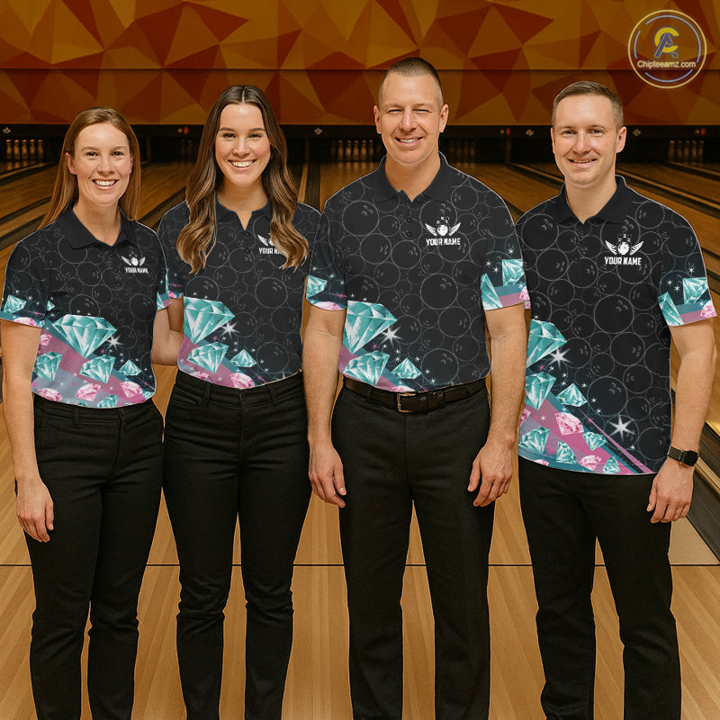 Custom Pink Turquoise Diamonds Bowling Shirt For Men, Glowing Bowling Team Jersey Polo & 1/4 Zip TDM6270