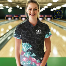 Load image into Gallery viewer, Custom Pink Turquoise Diamonds Bowling Shirt For Women, Glowing Bowling Team Jersey Polo &amp; 1/4 Zip TDM6270