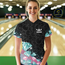 Load image into Gallery viewer, Custom Pink Turquoise Diamonds Bowling Shirt For Women, Glowing Bowling Team Jersey Polo &amp; 1/4 Zip TDM6270