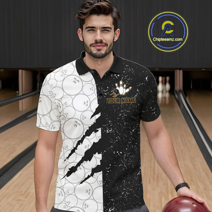 Custom Grunge Black White Bowling Shirt For Men, Bowling Tournament Team Shirt Polo & 1/4 Zip TDM6271