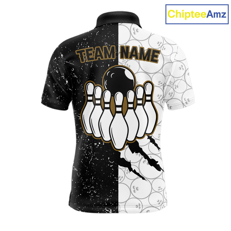 Custom Grunge Black White Bowling Shirt For Men, Bowling Tournament Team Shirt Polo & 1/4 Zip TDM6271