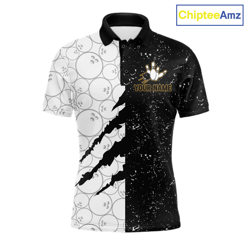 Custom Grunge Black White Bowling Shirt For Men, Bowling Tournament Team Shirt Polo & 1/4 Zip TDM6271