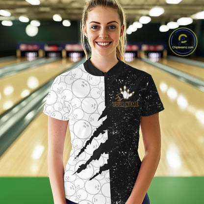 Custom Grunge Black White Bowling Shirt For Women, Bowling Tournament Team Shirt Polo & 1/4 Zip TDM6271