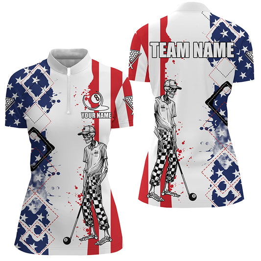Personalized Argyle US Flag Funny Skeleton Women Billiard Shirts, Patriotic Billiard Team Jerseys TDM1759
