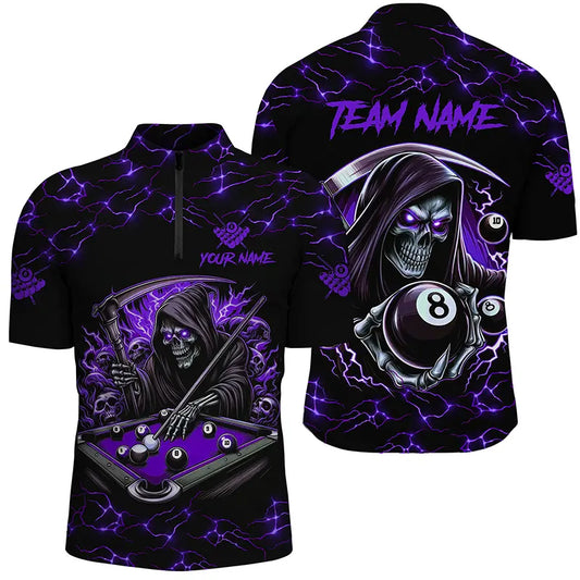 Purple Funny Grim Reaper 8 Ball Pool Men Billiard Shirts Custom Name Lightning Billiard Jerseys TDM2160