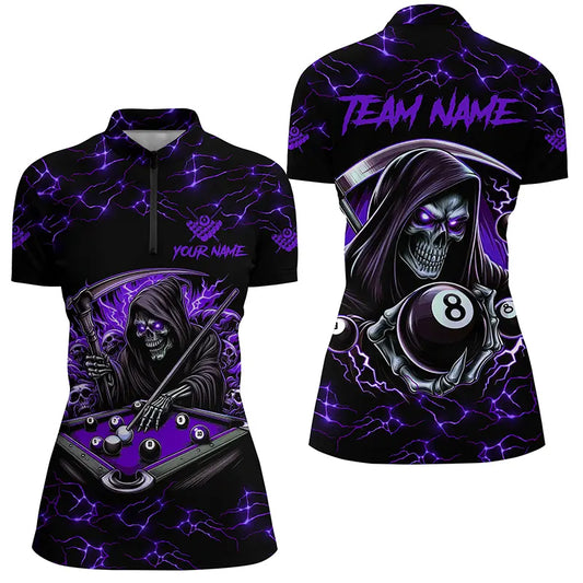 Purple Funny Grim Reaper 8 Ball Pool Women Billiard Shirts Custom Name Lightning Billiard Jerseys TDM2160