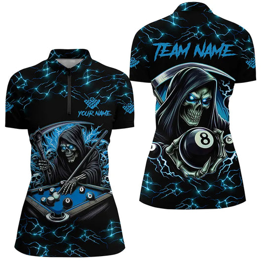 Blue Funny Grim Reaper 8 Ball Pool Women Billiard Shirts Custom Name Lightning Billiard Jerseys TDM2161