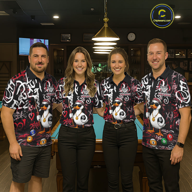 Red Funny Duck Graffiti 8 Ball Billiard Shirt For Men Custom Pool Team Jersey Polo & 1/4 Zip TDM7152