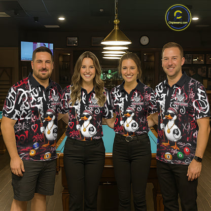 Red Funny Duck Graffiti 8 Ball Billiard Shirt For Men Custom Pool Team Jersey Polo & 1/4 Zip TDM7152
