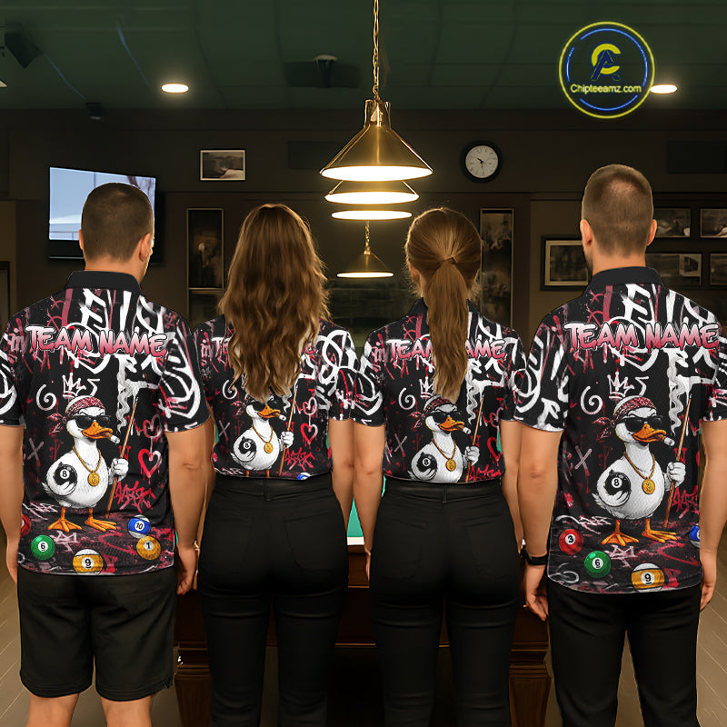 Red Funny Duck Graffiti 8 Ball Billiard Shirt For Men Custom Pool Team Jersey Polo & 1/4 Zip TDM7152
