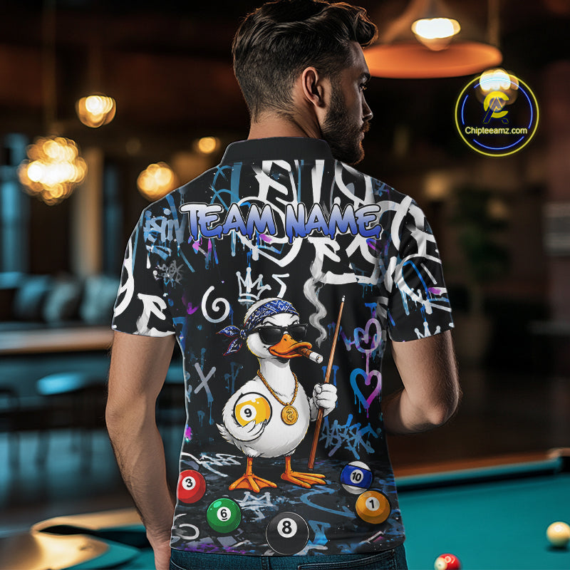 Colorful Graffiti Funny Duck 9 Ball Billiard Shirt For Men Custom Pool Team Jersey Polo & 1/4 Zip TDM7154