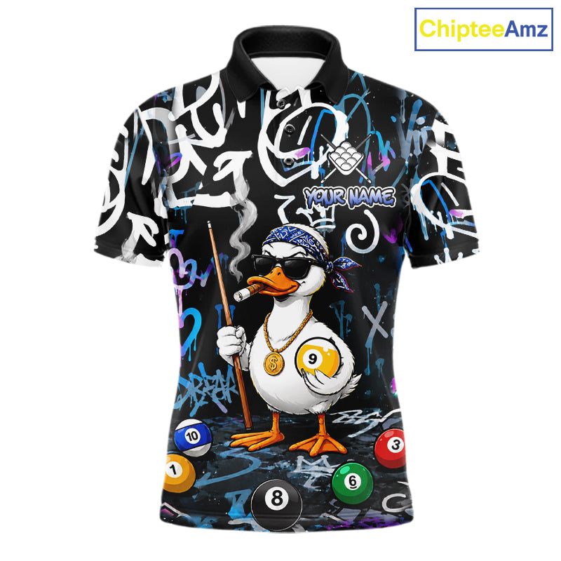 Colorful Graffiti Funny Duck 9 Ball Billiard Shirt For Men Custom Pool Team Jersey Polo & 1/4 Zip TDM7154