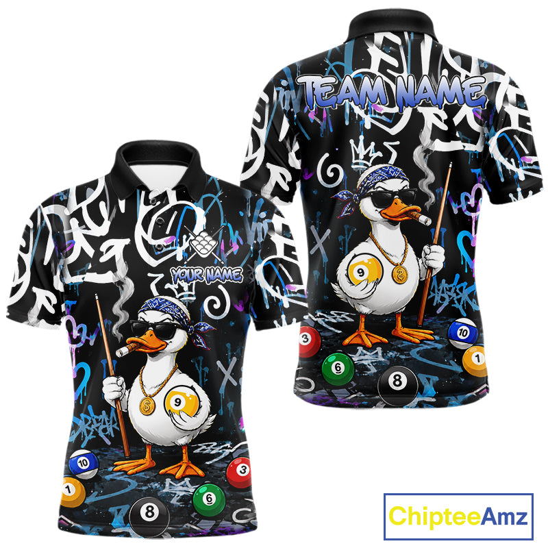 Colorful Graffiti Funny Duck 9 Ball Billiard Shirt For Men Custom Pool Team Jersey Polo & 1/4 Zip TDM7154