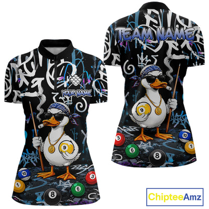 Colorful Graffiti Funny Duck 9 Ball Billiard Shirt For Women Custom Pool Team Jersey Polo & 1/4 Zip TDM7154
