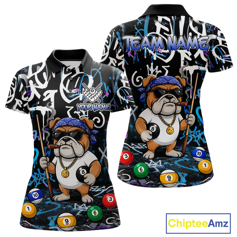 Colorful Graffiti Funny Bulldog 8 Ball Pool Billiard Shirt For Women Custom Billiard Team Jersey TDM7155