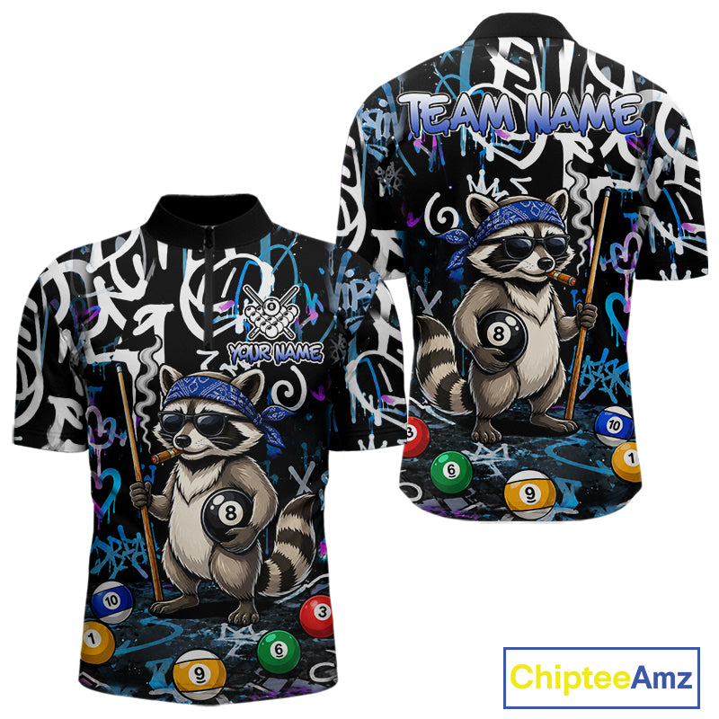 Colorful Graffiti Funny Raccoon 8 Ball Pool Billiard Shirt For Men Custom Billiard Team Jersey TDM7156