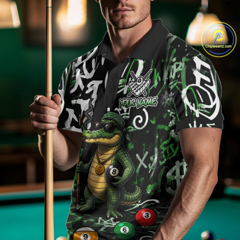 Green Funny Alligator Graffiti 8 Ball Billiard Shirt For Men Custom Pool Team Jersey Polo, 1/4 Zip TDM7157
