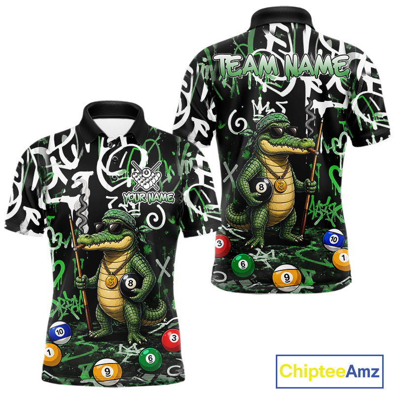Green Funny Alligator Graffiti 8 Ball Billiard Shirt For Men Custom Pool Team Jersey Polo, 1/4 Zip TDM7157