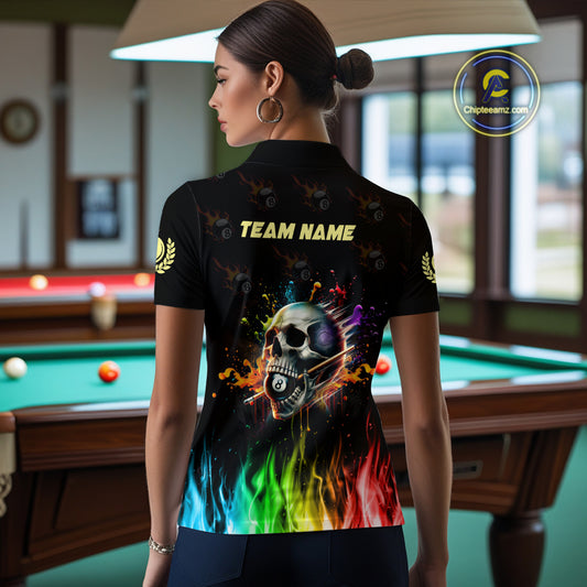 Funny Billiard Colorful Skull Personalized Women Quarter-Zip Shirts Billiard Attire For Team TDM1066