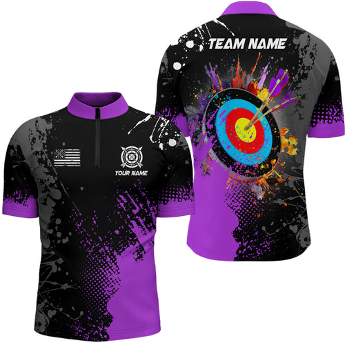 Personalized Paint Purple 3D Target Archery Men Quarter-Zip Shirts, Archery Jerseys Attires TDM1190