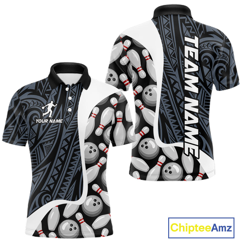 Blue tribal pattern bowling polo shirt for men with custom bowling team graphics.