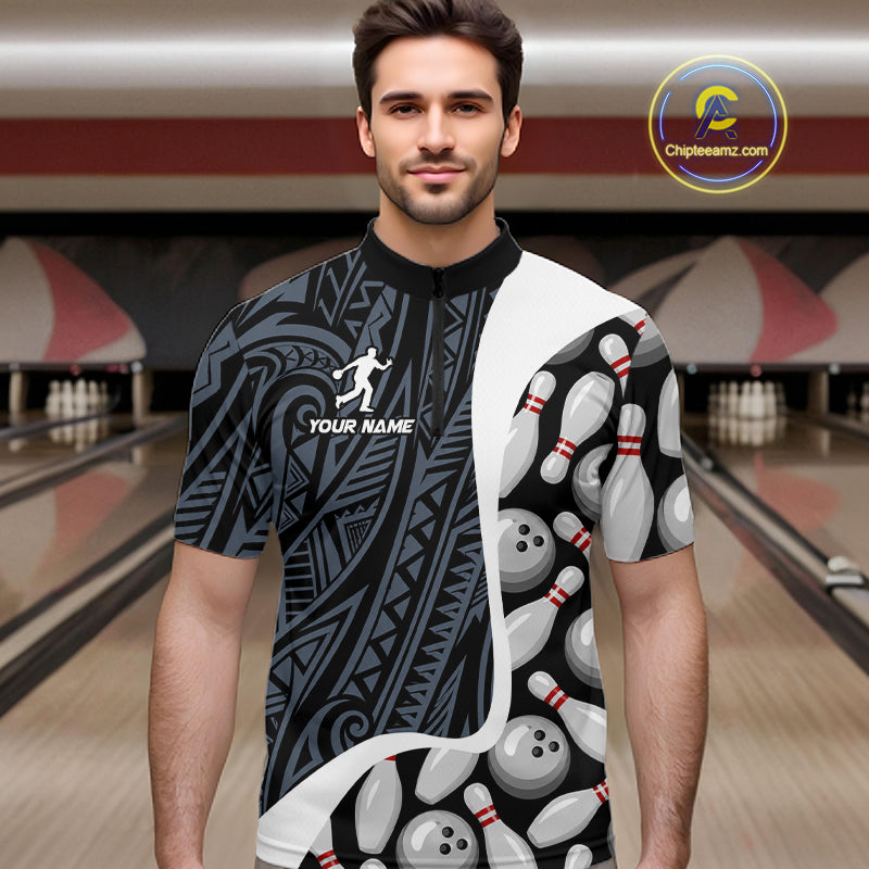 Man wearing a blue tribal pattern bowling quarter zip jersey during league competition front view.