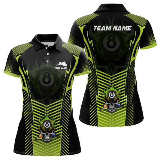Custom Green Neon Billiard Balls 3D Skull Polo Shirts For Women, 8 Ball Pool Jerseys Shirts TDM0696