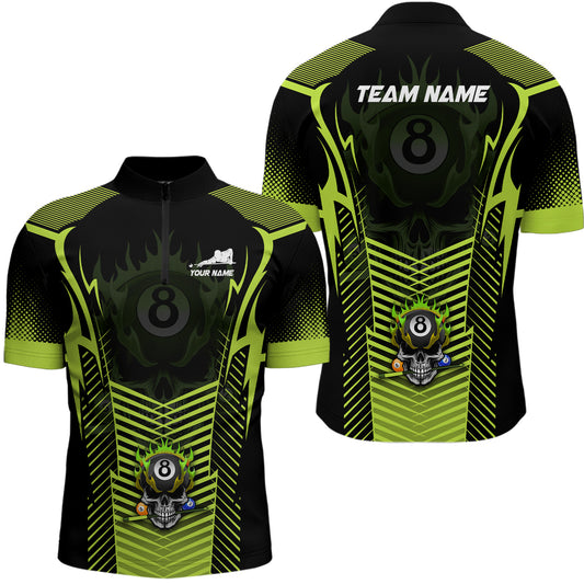 Custom Green Neon Billiard Balls 3D Skull Men Quarter-Zip Shirt 8 Ball Pool Jerseys Shirts TDM0696