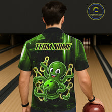 Load image into Gallery viewer, Man wearing green funny neon octopus bowling Hawaiian shirt back view.