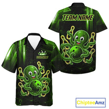Load image into Gallery viewer, Green funny neon octopus bowling Hawaiian shirt front and back view for men and women, custom bowling league aloha shirt with colorful glowing octopus design.