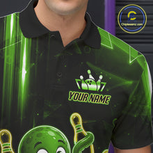 Load image into Gallery viewer, Close-up of the collar, buttons and chest detail on the green funny neon octopus bowling polo shirt for men.