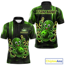 Load image into Gallery viewer, Green funny neon octopus bowling team jersey polo shirt for men, custom bowling league apparel with vibrant octopus design.