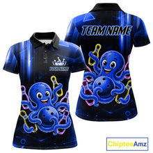 Load image into Gallery viewer, Blue funny neon octopus bowling team jersey polo shirt for women, custom bowling league apparel with vibrant octopus design.