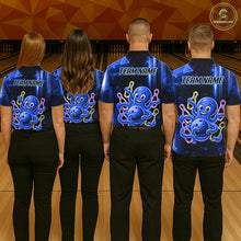Load image into Gallery viewer, Bowling team wearing matching blue funny neon octopus bowling jerseys back view.