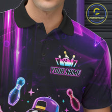 Load image into Gallery viewer, Close-up of the collar, buttons and chest detail on the funny neon bowling ball bowling polo shirt for men.
