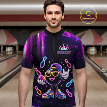 Load image into Gallery viewer, Man wearing funny neon bowling ball bowling quarter zip shirt front view.