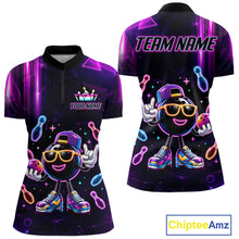 Load image into Gallery viewer, Funny neon bowling ball bowling team quarter zip shirt for women, custom bowling league jersey with neon bowling artwork.