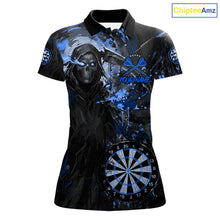 Load image into Gallery viewer, Custom Black And Blue Splatter Grim Reaper Women Darts Polo Shirt Cracked Dart Jerseys NYN2794
