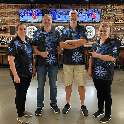 Custom Black And Blue Splatter Grim Reaper Men Darts Polo Shirt Cracked Dart Jerseys NYN2794