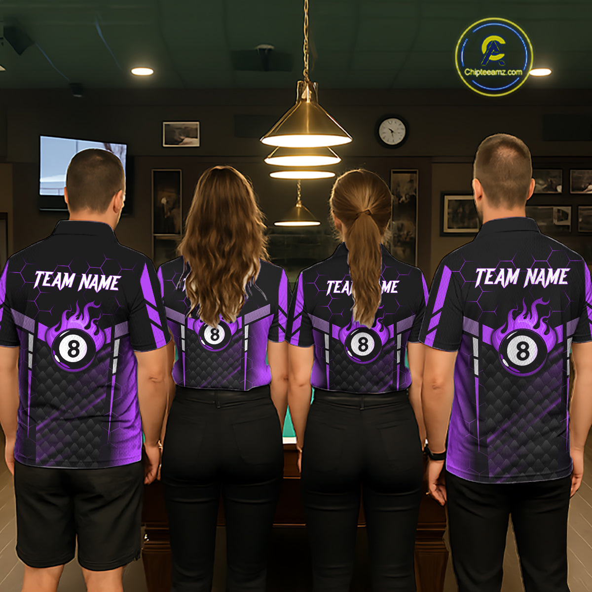 Personalized Purple 8 Ball Flame Billiard Polo & Quarter Zip For Men, 8 Ball Pool Team Jersey TDM6039