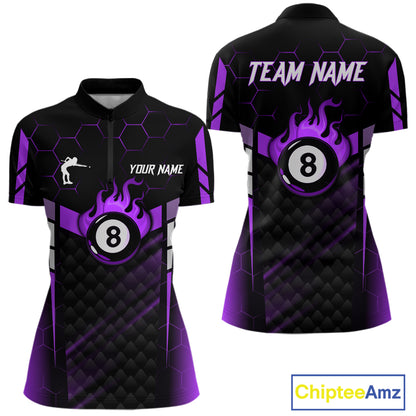 Personalized Purple 8 Ball Flame Billiard Polo & Quarter Zip For Women, 8 Ball Pool Team Jersey TDM6039