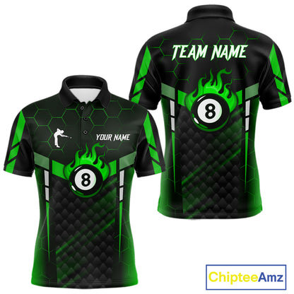 Personalized Green 8 Ball Flame Billiard Polo & Quarter Zip For Men, 8 Ball Pool Team Jersey TDM6040