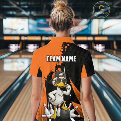 Custom Black And Orange Funny Duck Bowling Shirts For Women, Bowling Team Jersey Polo & 1/4 Zip TDM6294