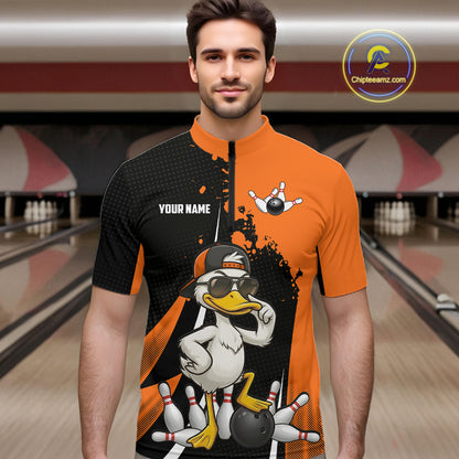 Custom Black And Orange Funny Duck Bowling Shirts For Men, Bowling Team Jersey Polo & 1/4 Zip TDM6294
