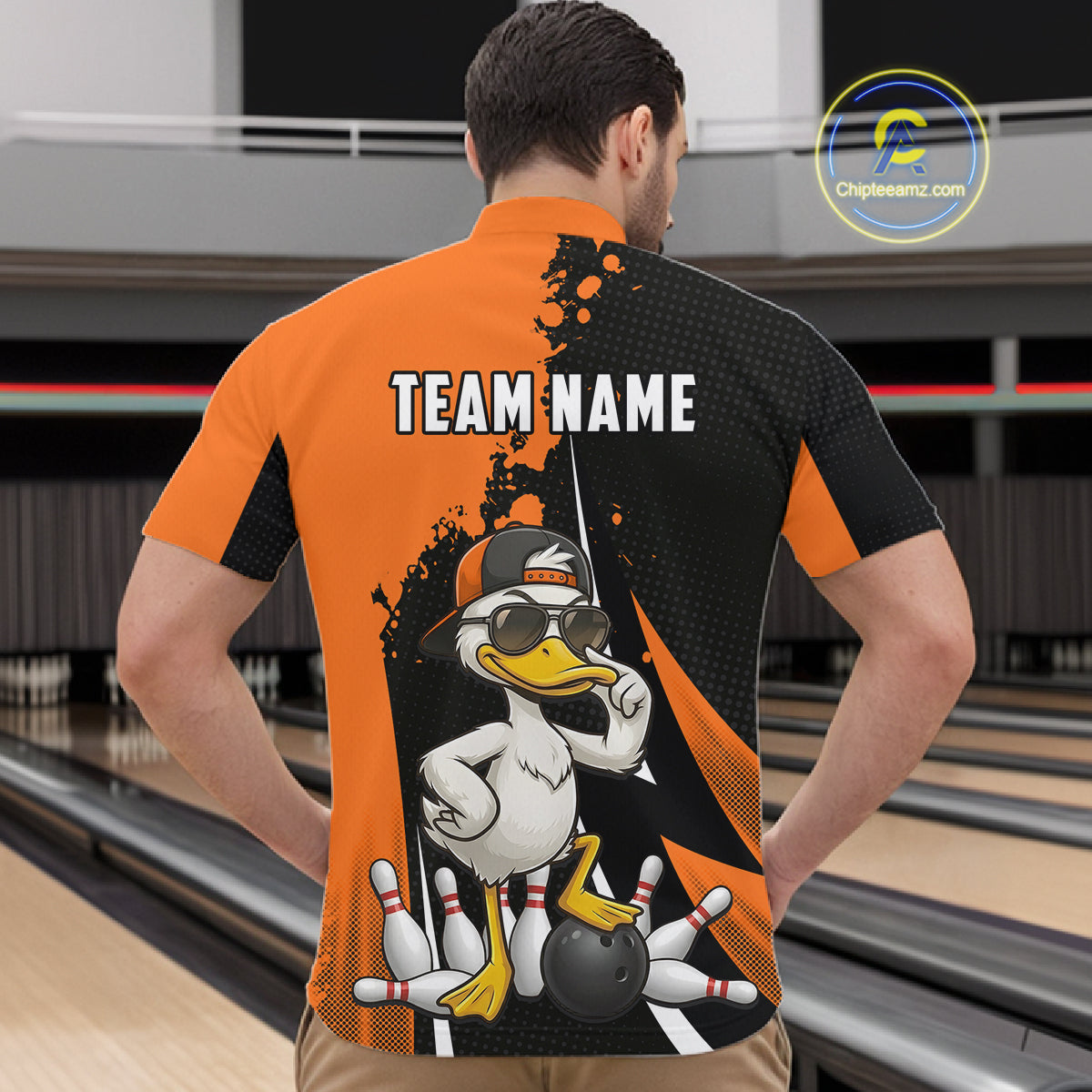 Custom Black And Orange Funny Duck Bowling Shirts For Men, Bowling Team Jersey Polo & 1/4 Zip TDM6294