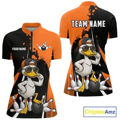 Custom Black And Orange Funny Duck Bowling Shirts For Women, Bowling Team Jersey Polo & 1/4 Zip TDM6294