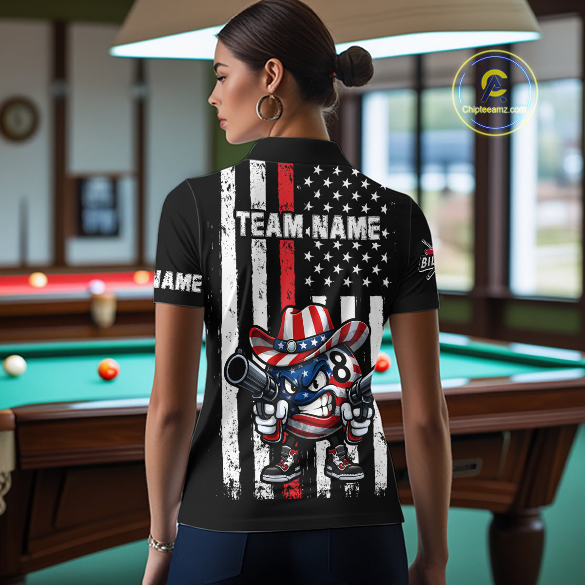 Funny 8 Ball US Flag Billiard Shirt For Women Custom Patriotic Pool Team Jersey Polo & 1/4 Zip TDM6048