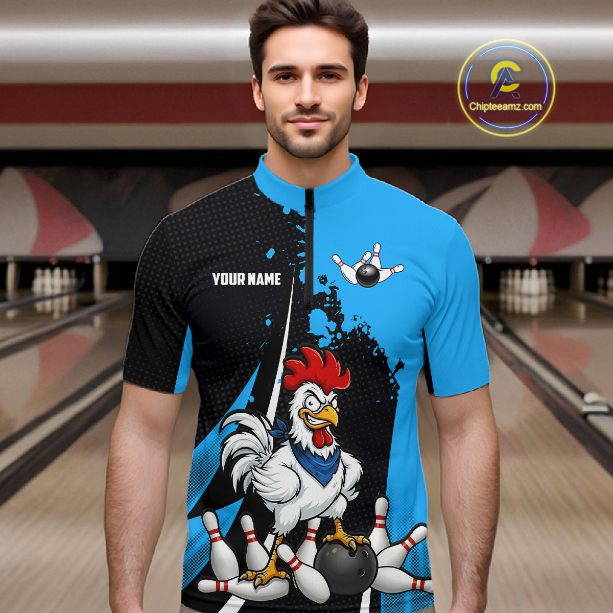Custom Black And Blue Funny Chicken Bowling Shirts For Men, Bowling Team Jersey Polo & 1/4 Zip TDM6301