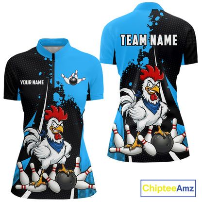 Custom Black And Blue Funny Chicken Bowling Shirts For Women, Bowling Team Jersey Polo & 1/4 Zip TDM6301