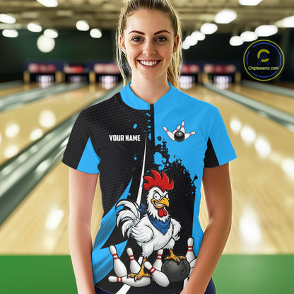 Custom Black And Blue Funny Chicken Bowling Shirts For Women, Bowling Team Jersey Polo & 1/4 Zip TDM6301